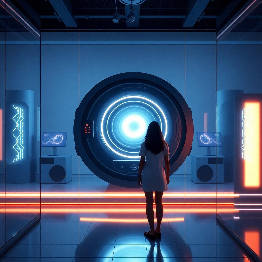 Quantum Nexus A futuristic laboratory with a Quantum Nexus device, a woman standing before it, and a shadowy reflection in the glass wall, glowing with an otherworldly light.